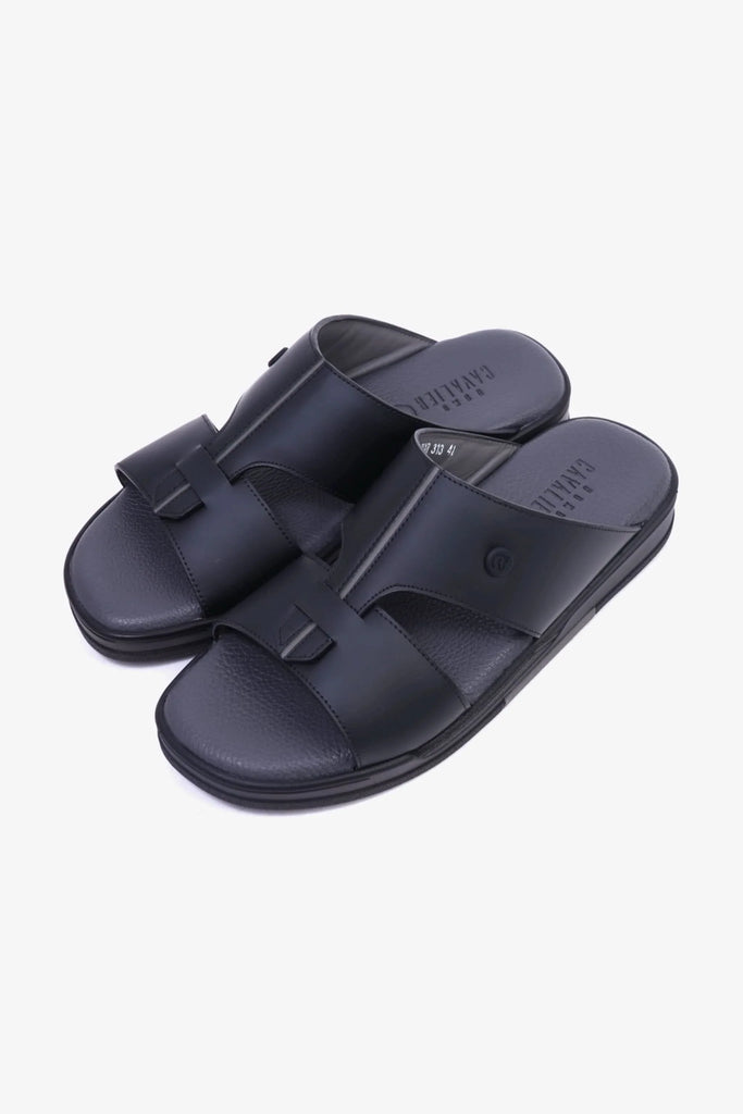 UOMO CAVALIER Men's Leather Sandals with Cut-Out Detail Black - Seventy7