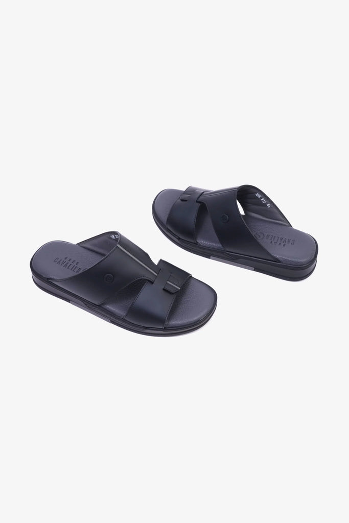 UOMO CAVALIER Men's Leather Sandals with Cut-Out Detail Black - Seventy7